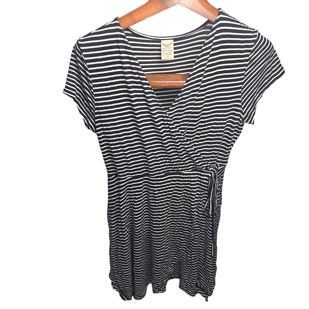 Faded Glory Black White Horizontal Striped Short Sleeve Wrap Dress Size L 12-14